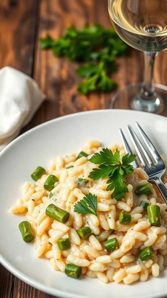 Creamy asparagus risotto with green asparagus pieces and parsley in a white bowl on a wooden table.